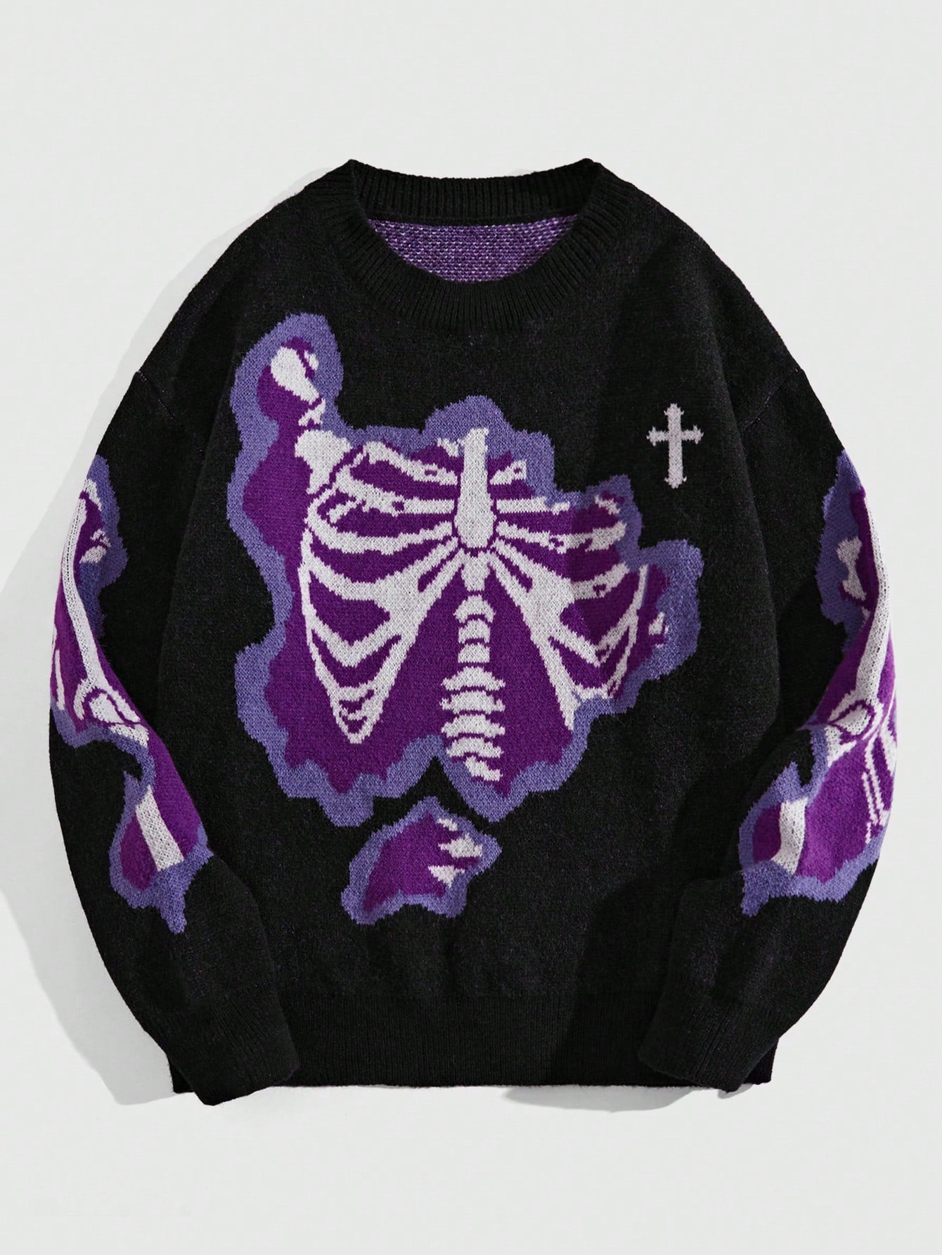 ROMWE MEN Grunge Punk Men Cross & Skeleton Pattern Pullover Sweater for Halloween, School