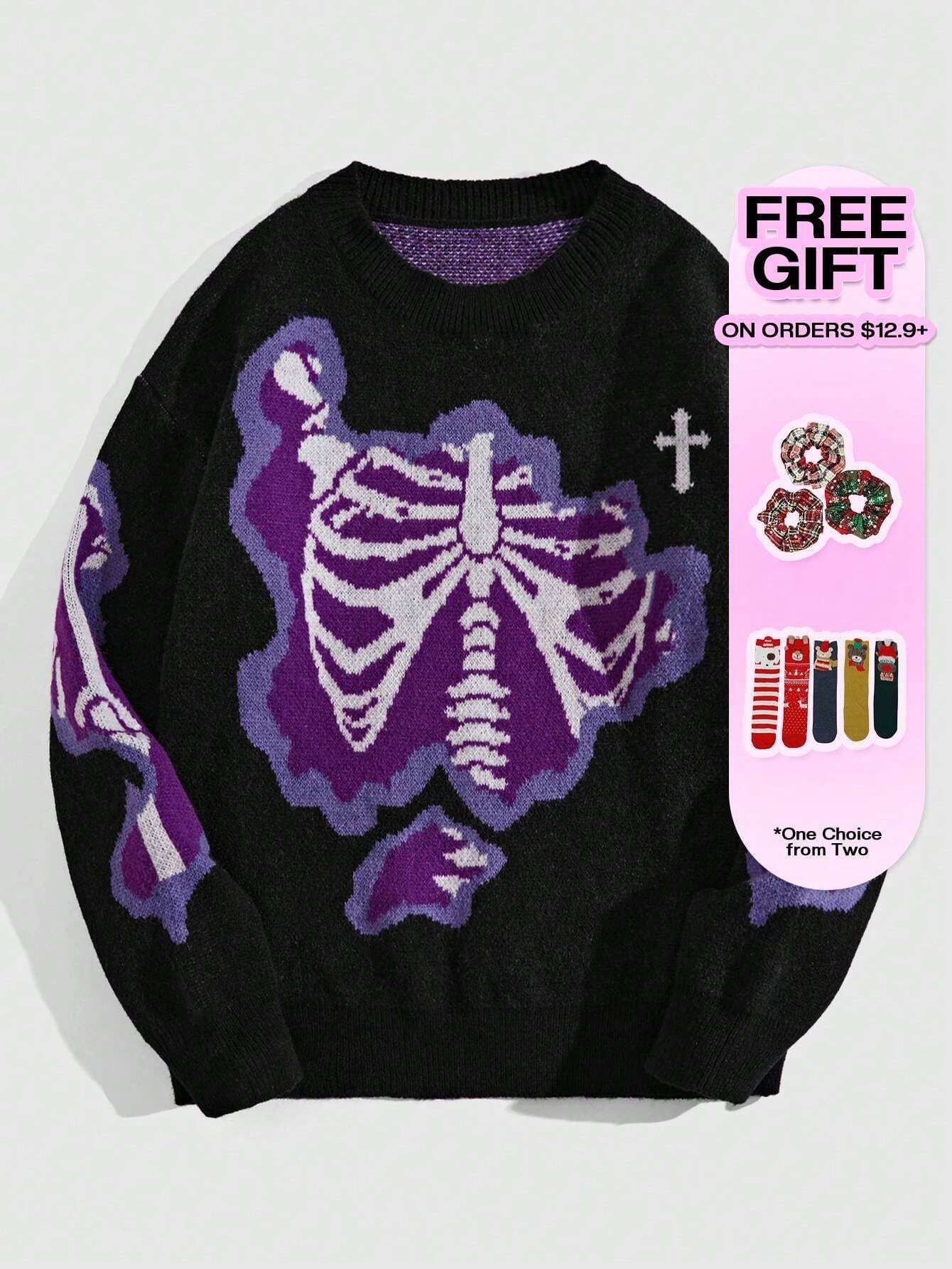 ROMWE MEN Grunge Punk Men Cross & Skeleton Pattern Pullover Sweater for Halloween, School