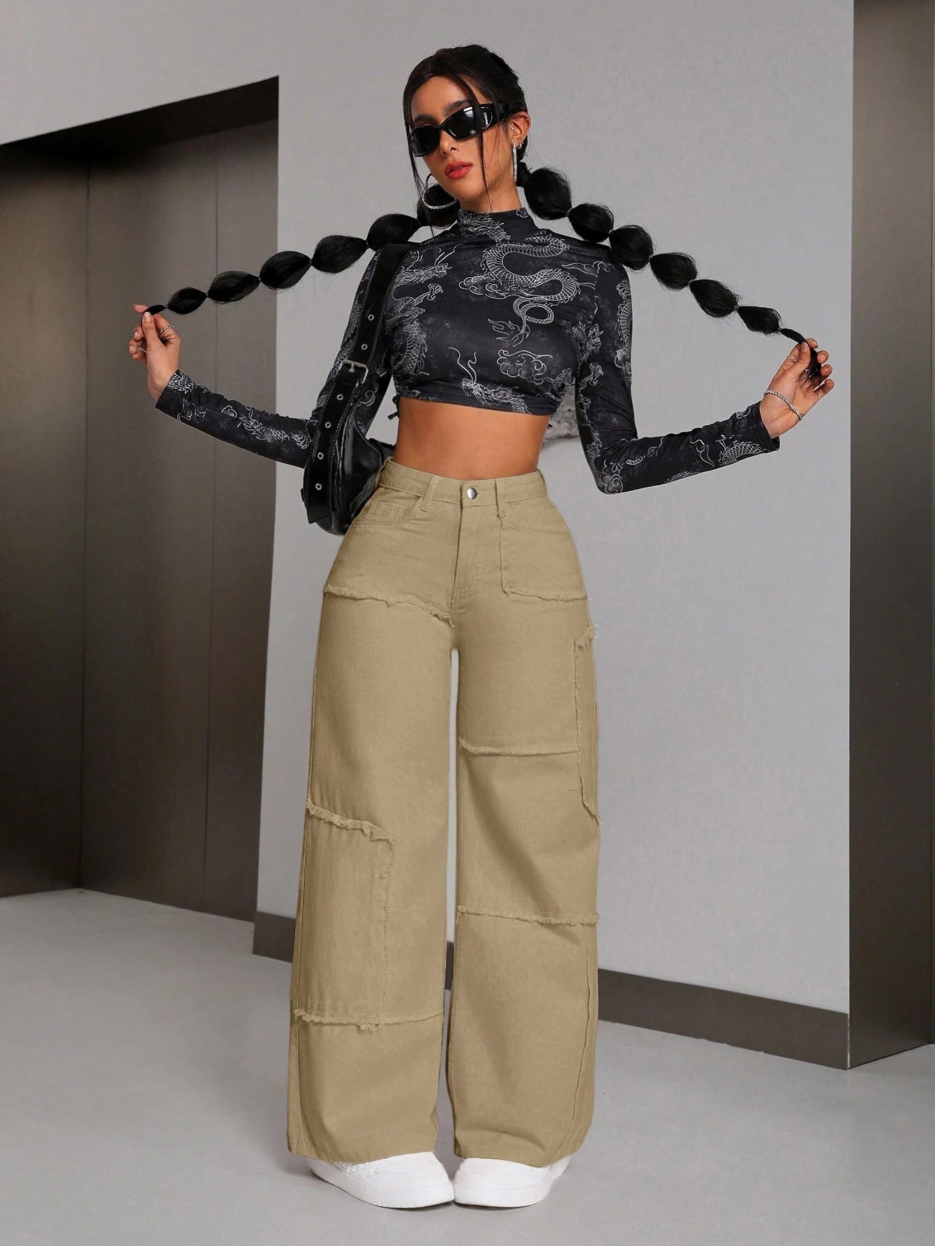 PETITE Women'S Patchwork Raw Hem Wide-Leg Loose Fit Casual Denim Pants