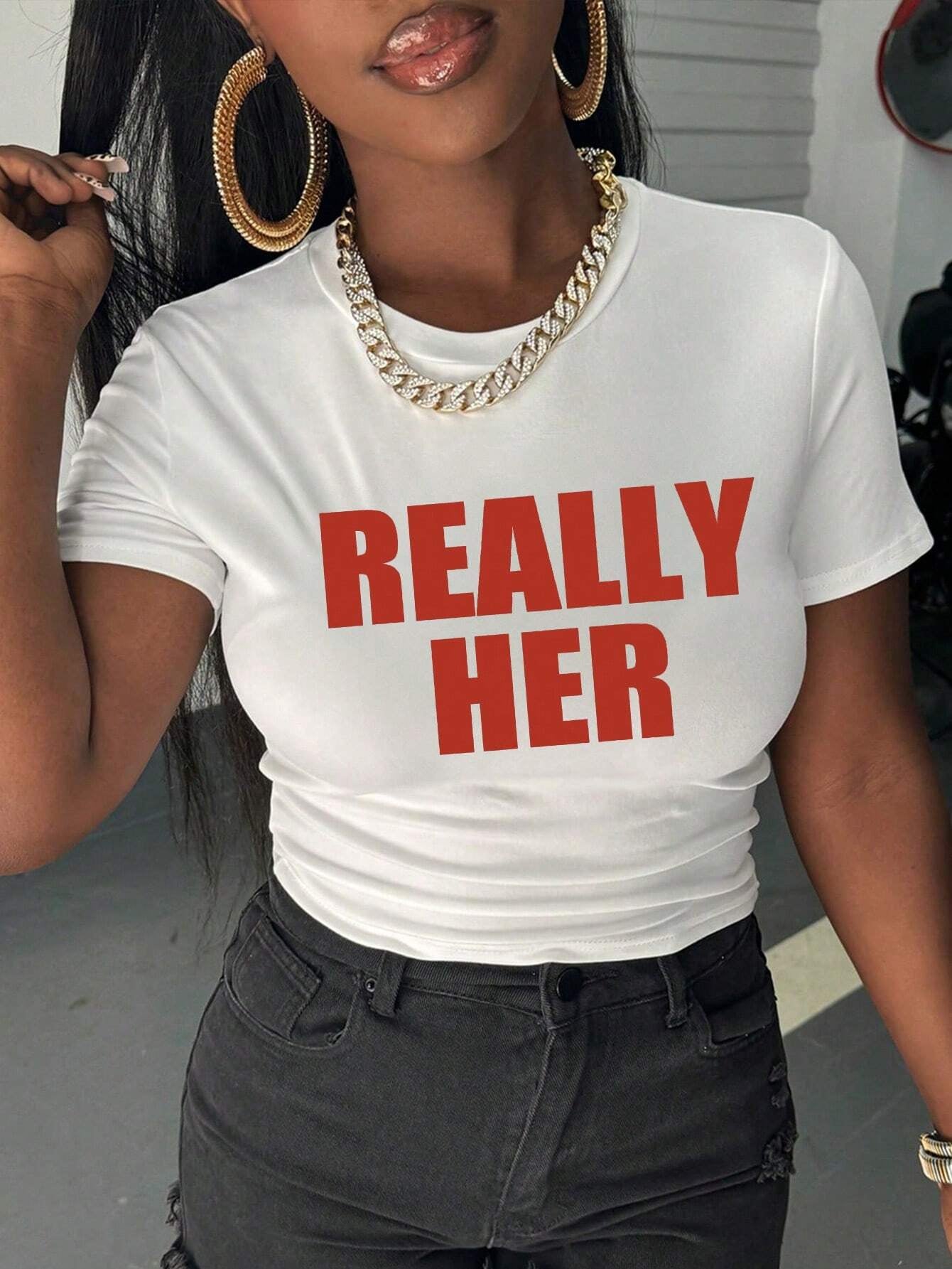 Letter Graphic Crop Tee for Summer Graphic Tees Women Tops
