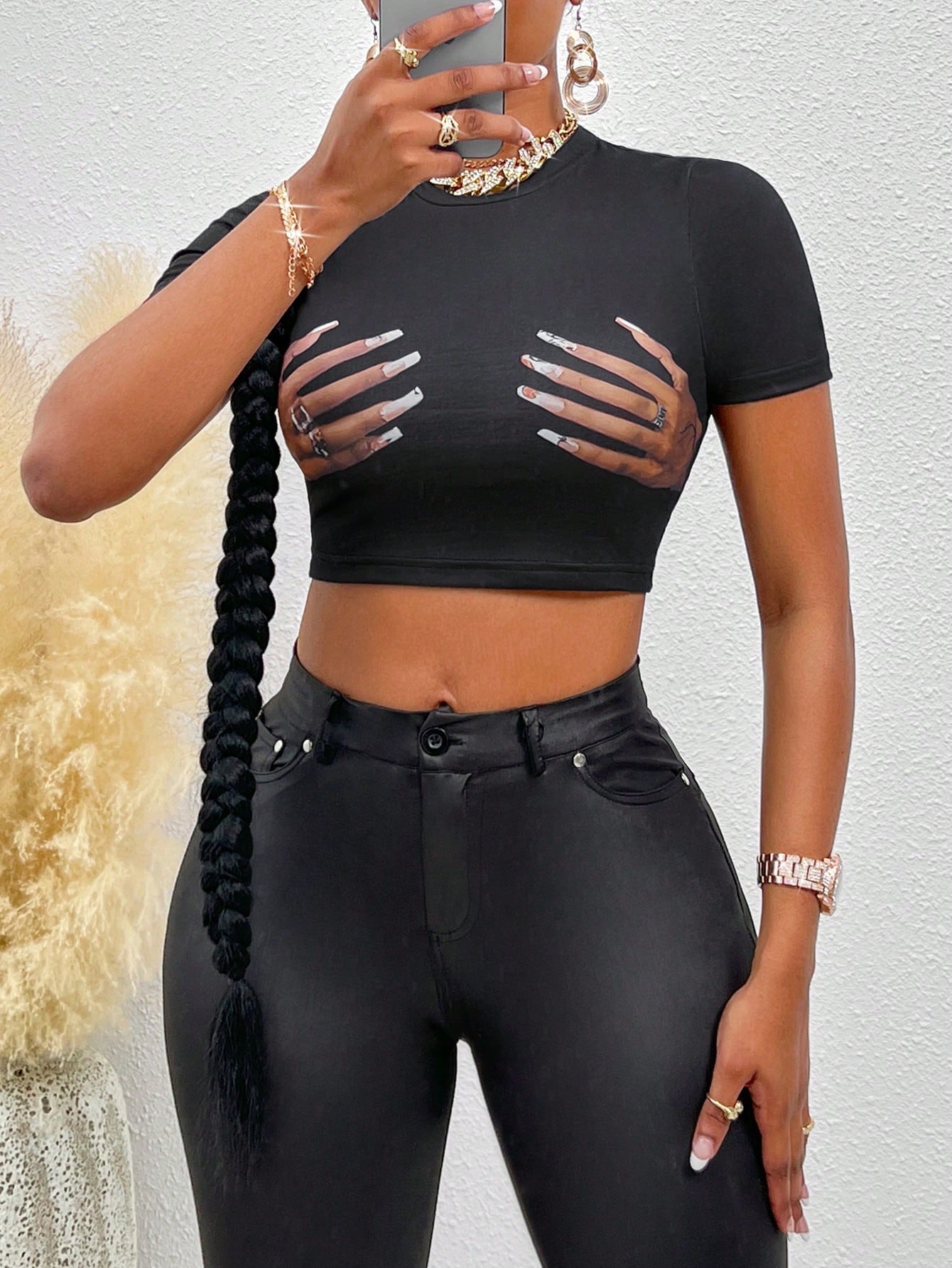 Flirla Hand Print Crop Tee Graphic Tees Women Tops