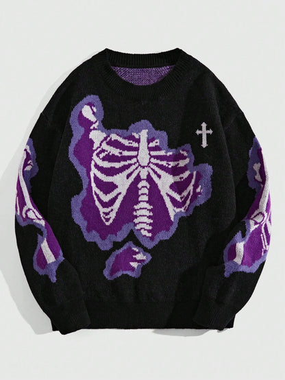 ROMWE MEN Grunge Punk Men Cross & Skeleton Pattern Pullover Sweater for Halloween, School