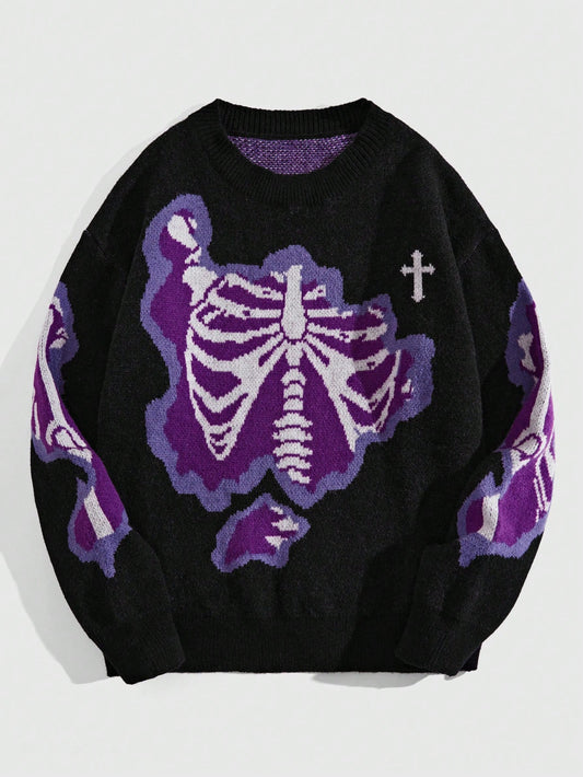 ROMWE MEN Grunge Punk Men Cross & Skeleton Pattern Pullover Sweater for Halloween, School