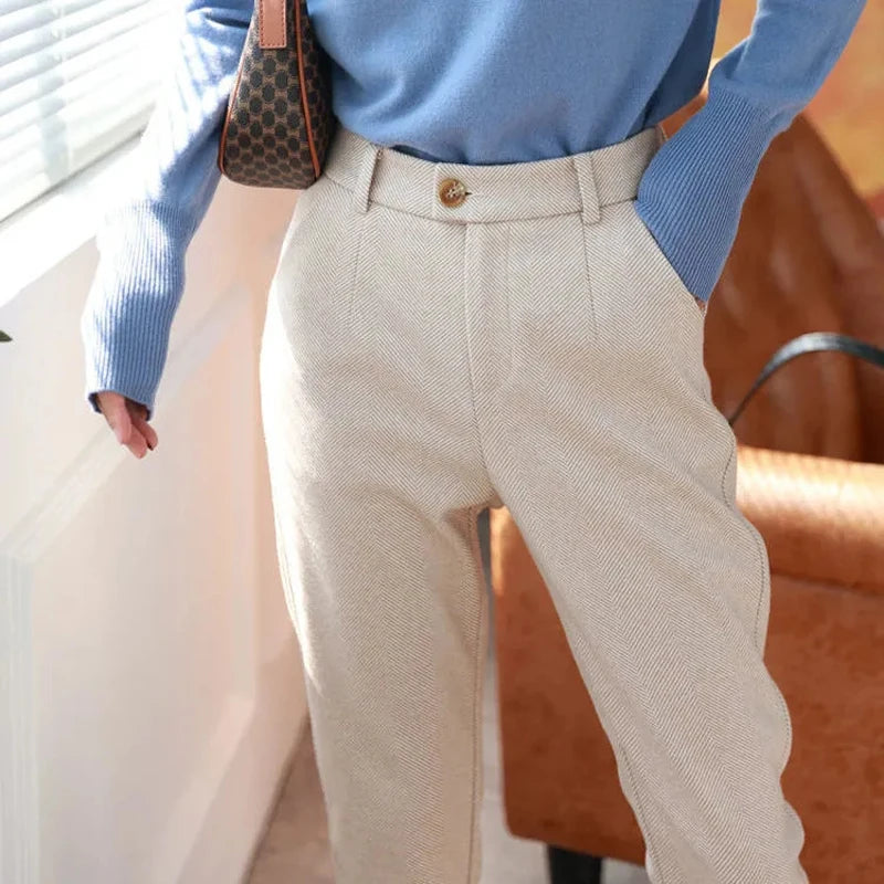 Woolen Pants Women'S Harem Pencil Pants 2024 Autumn Winter High Waisted Casual Suit Pants Office Lady Women Trousers