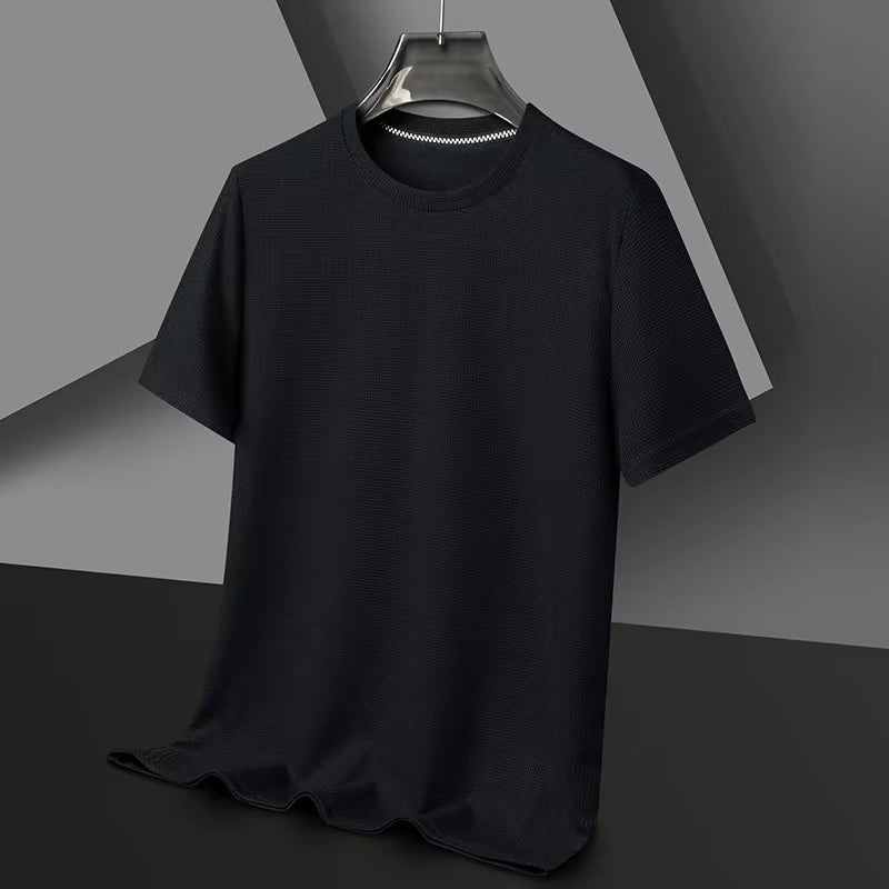 Men'S New Summer Waffle round Neck Short Sleeve T-Shirt Comfortable Breathable Short-Sleeved Top for Casual Wear