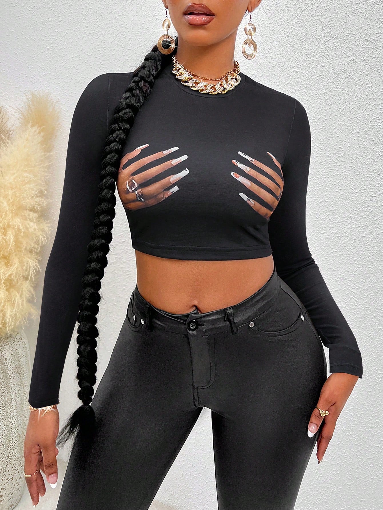 Flirla Hand Print Crop Tee Graphic Tees Women Tops