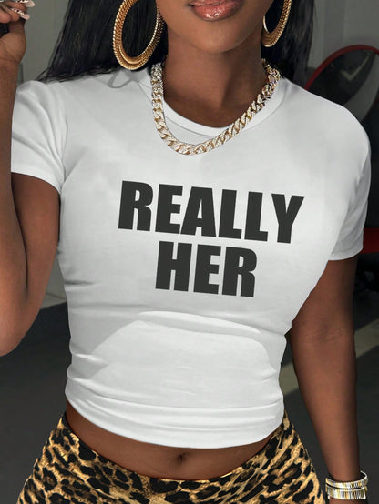 Women'S Letter Print Tight Crop Top T-Shirt Graphic Tees Women Tops