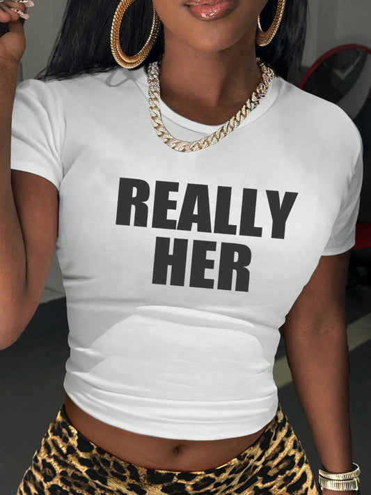 Women'S Letter Print Tight Crop Top T-Shirt Graphic Tees Women Tops