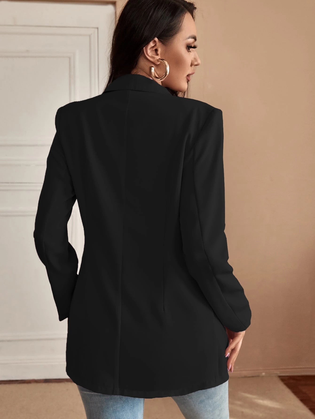 Privé Solid Color Single-Breasted Suit Jacketwinter,Business Casual, Elegant,Black