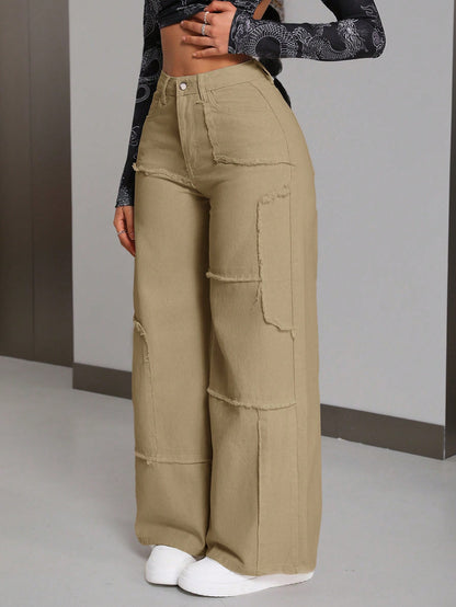 PETITE Women'S Patchwork Raw Hem Wide-Leg Loose Fit Casual Denim Pants