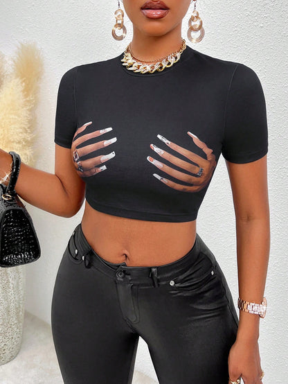 Flirla Hand Print Crop Tee Graphic Tees Women Tops