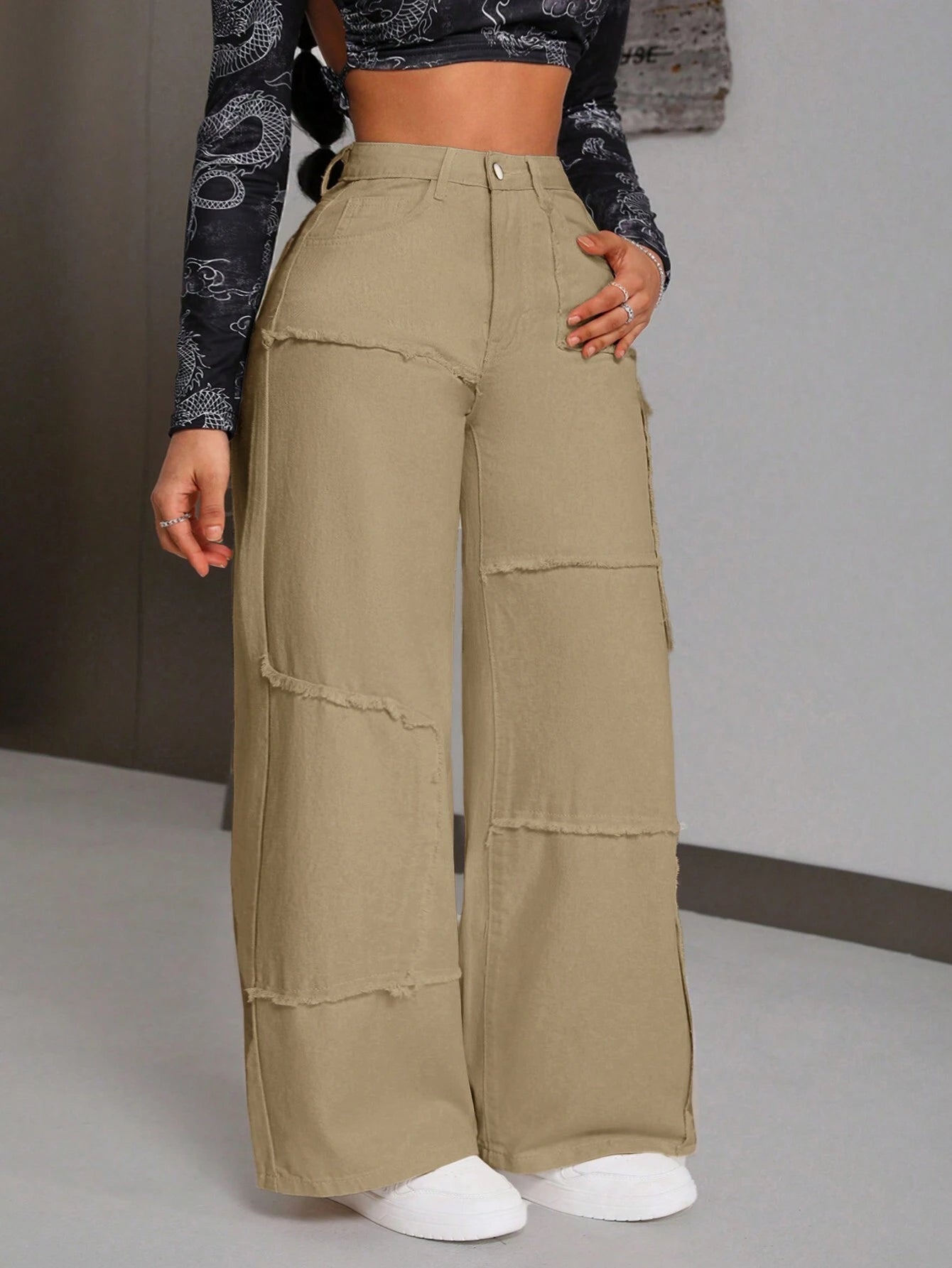 PETITE Women'S Patchwork Raw Hem Wide-Leg Loose Fit Casual Denim Pants