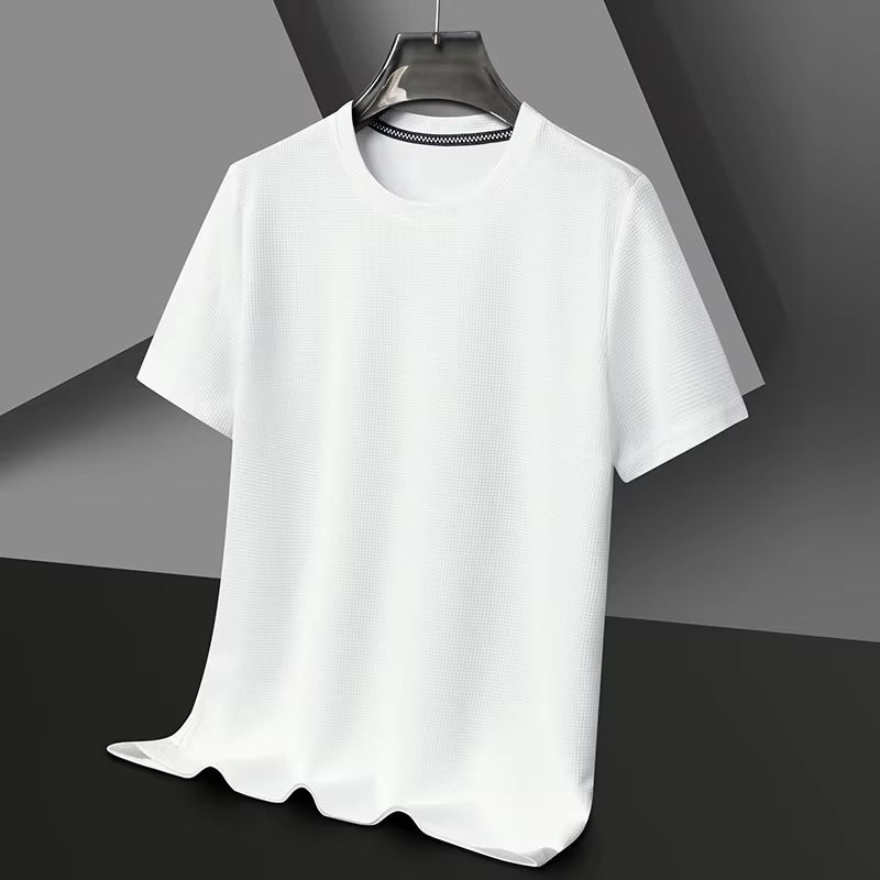 Men'S New Summer Waffle round Neck Short Sleeve T-Shirt Comfortable Breathable Short-Sleeved Top for Casual Wear