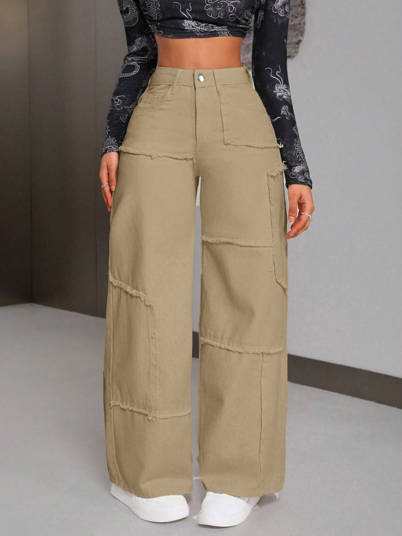 PETITE Women'S Patchwork Raw Hem Wide-Leg Loose Fit Casual Denim Pants