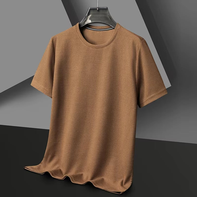 Men'S New Summer Waffle round Neck Short Sleeve T-Shirt Comfortable Breathable Short-Sleeved Top for Casual Wear
