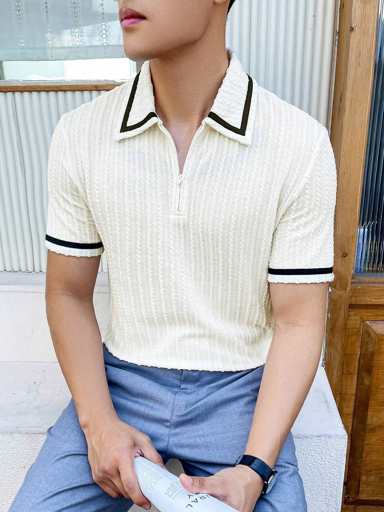 Manfinity Homme Men Color Block Polo Shirt White Korean Fashion Polo Shirt