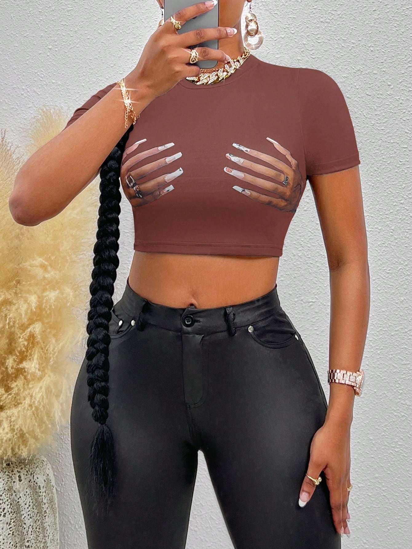 Flirla Hand Print Crop Tee Graphic Tees Women Tops