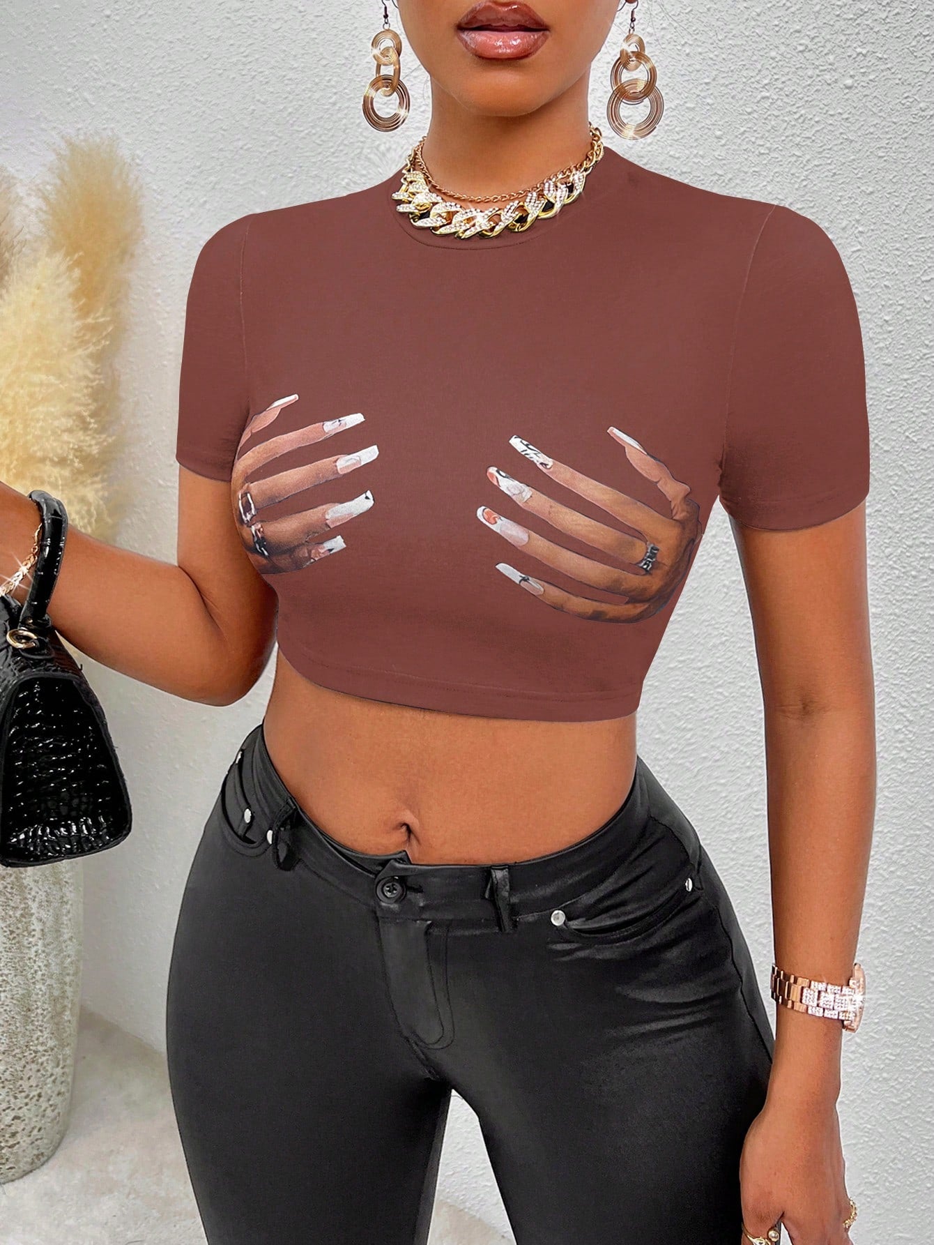 Flirla Hand Print Crop Tee Graphic Tees Women Tops