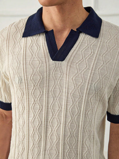 Men Geometrical Knitted Half Button Old Money Regular Polo Shirt