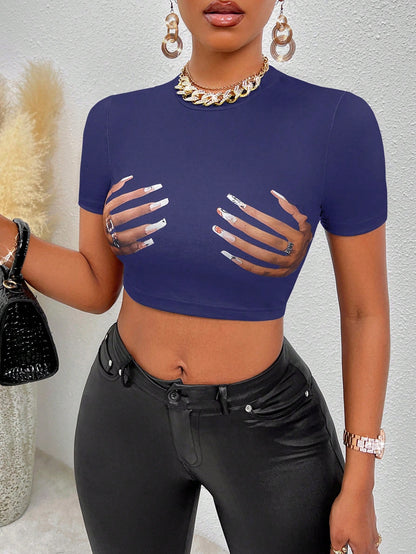 Flirla Hand Print Crop Tee Graphic Tees Women Tops