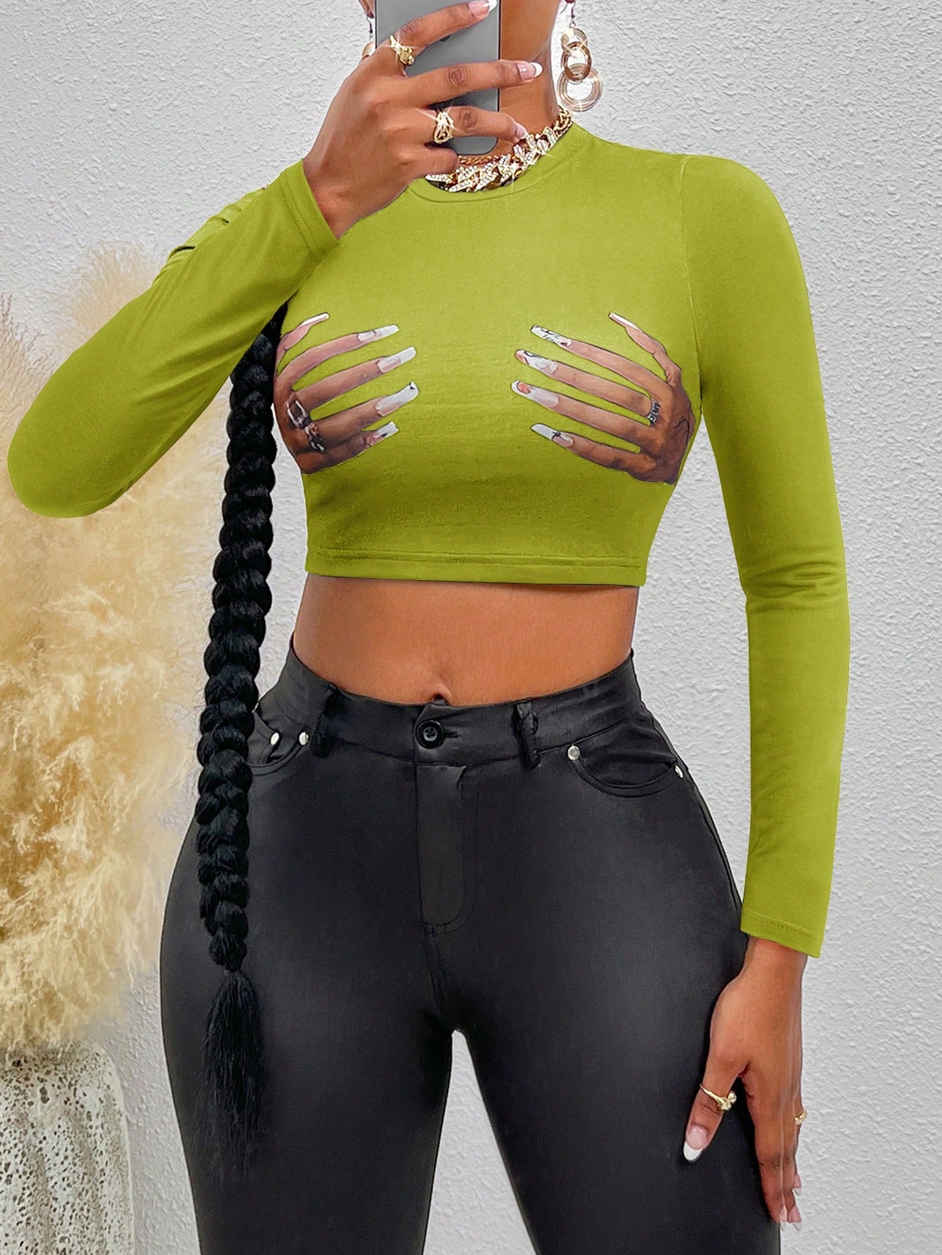 Flirla Hand Print Crop Tee Graphic Tees Women Tops