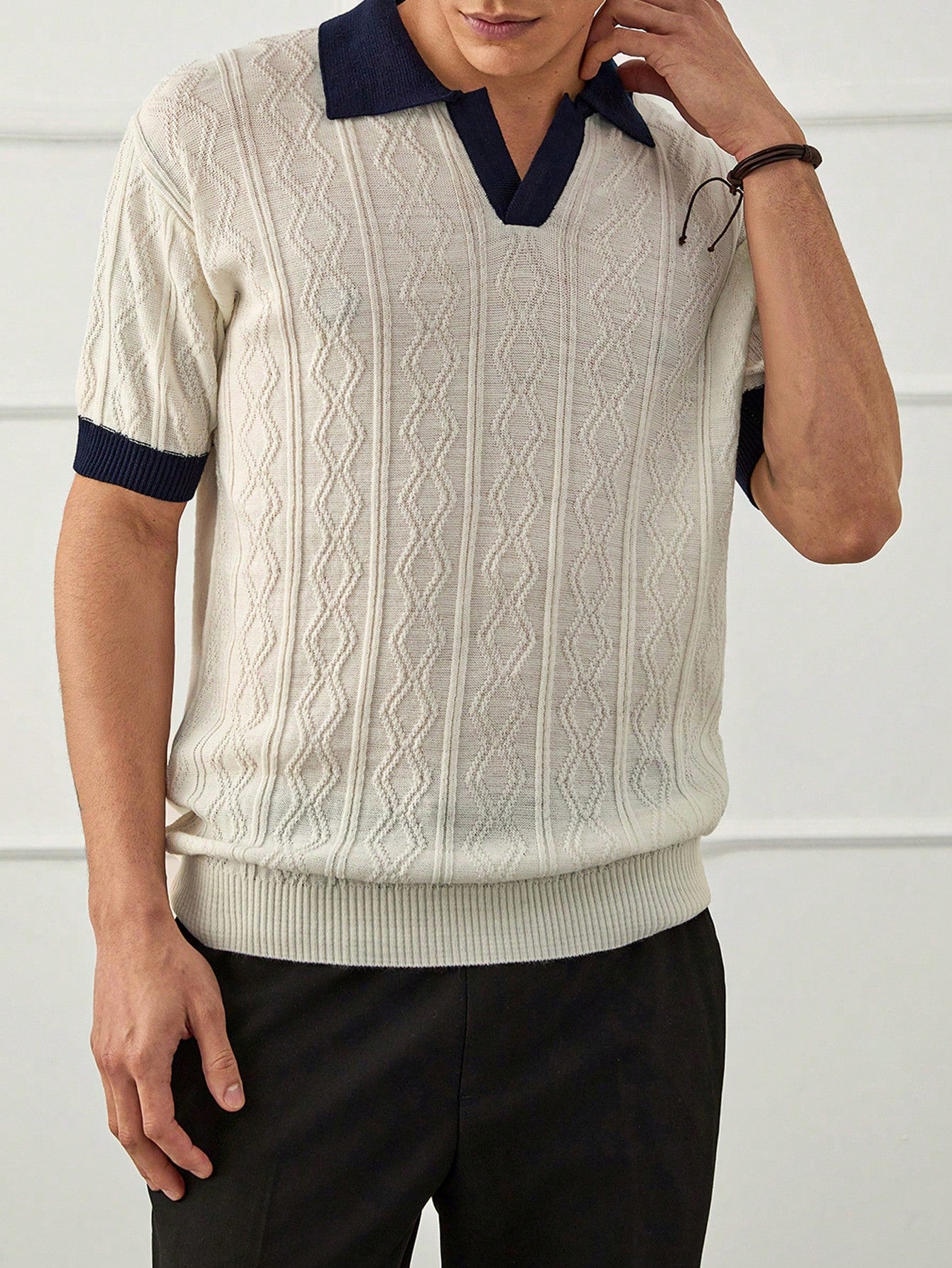 Men Geometrical Knitted Half Button Old Money Regular Polo Shirt