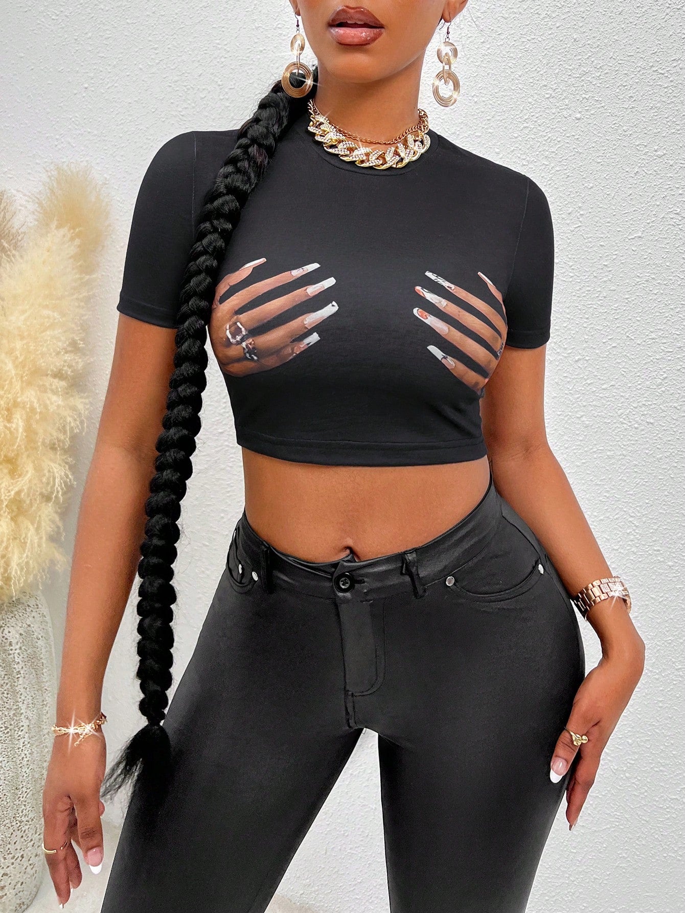 Flirla Hand Print Crop Tee Graphic Tees Women Tops