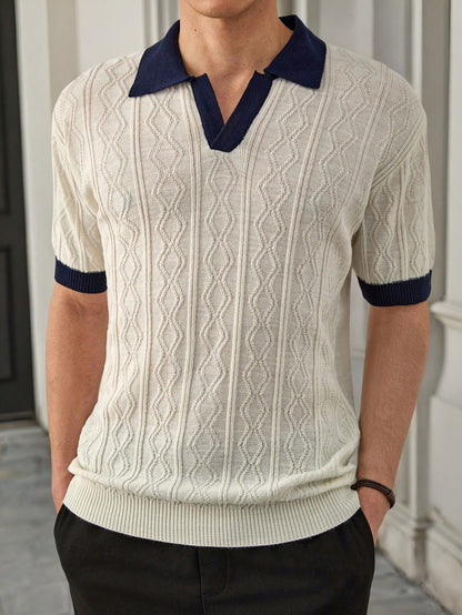 Men Geometrical Knitted Half Button Old Money Regular Polo Shirt