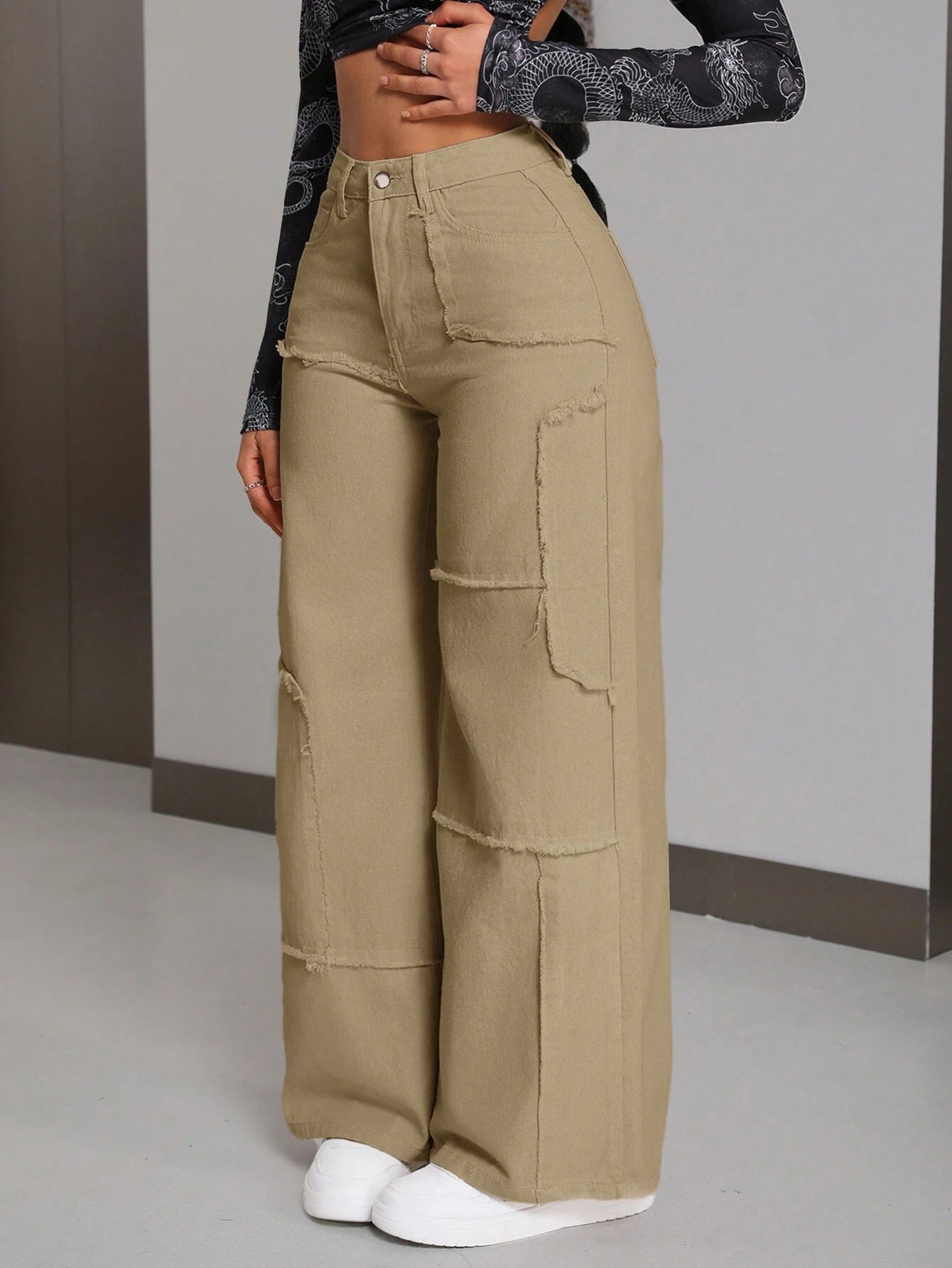 PETITE Women'S Patchwork Raw Hem Wide-Leg Loose Fit Casual Denim Pants