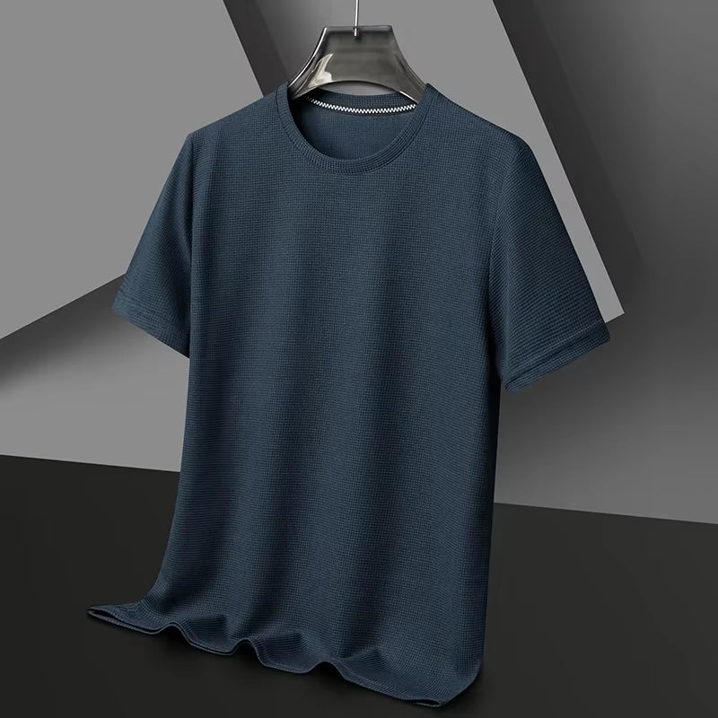 Men'S New Summer Waffle round Neck Short Sleeve T-Shirt Comfortable Breathable Short-Sleeved Top for Casual Wear