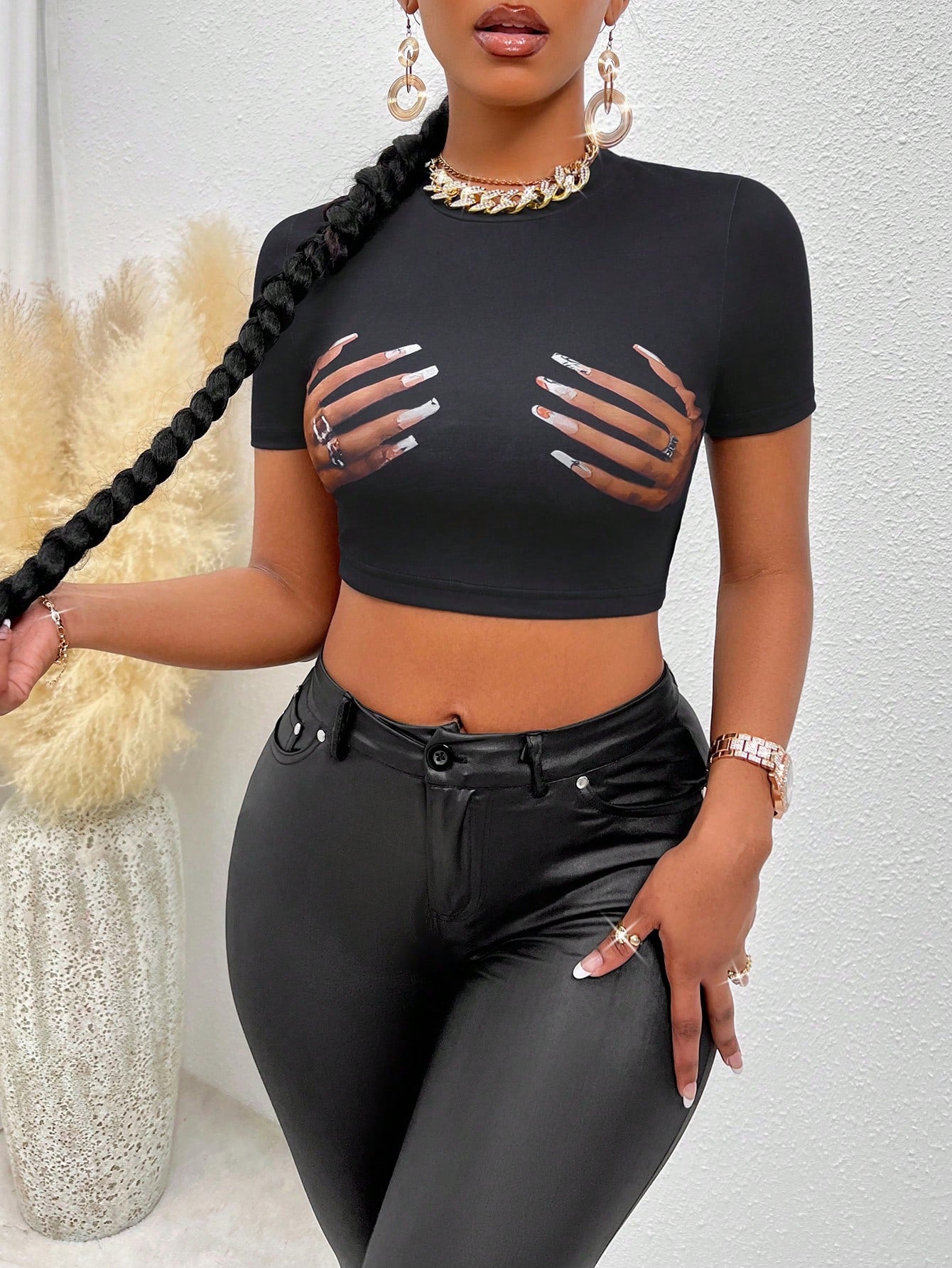 Flirla Hand Print Crop Tee Graphic Tees Women Tops
