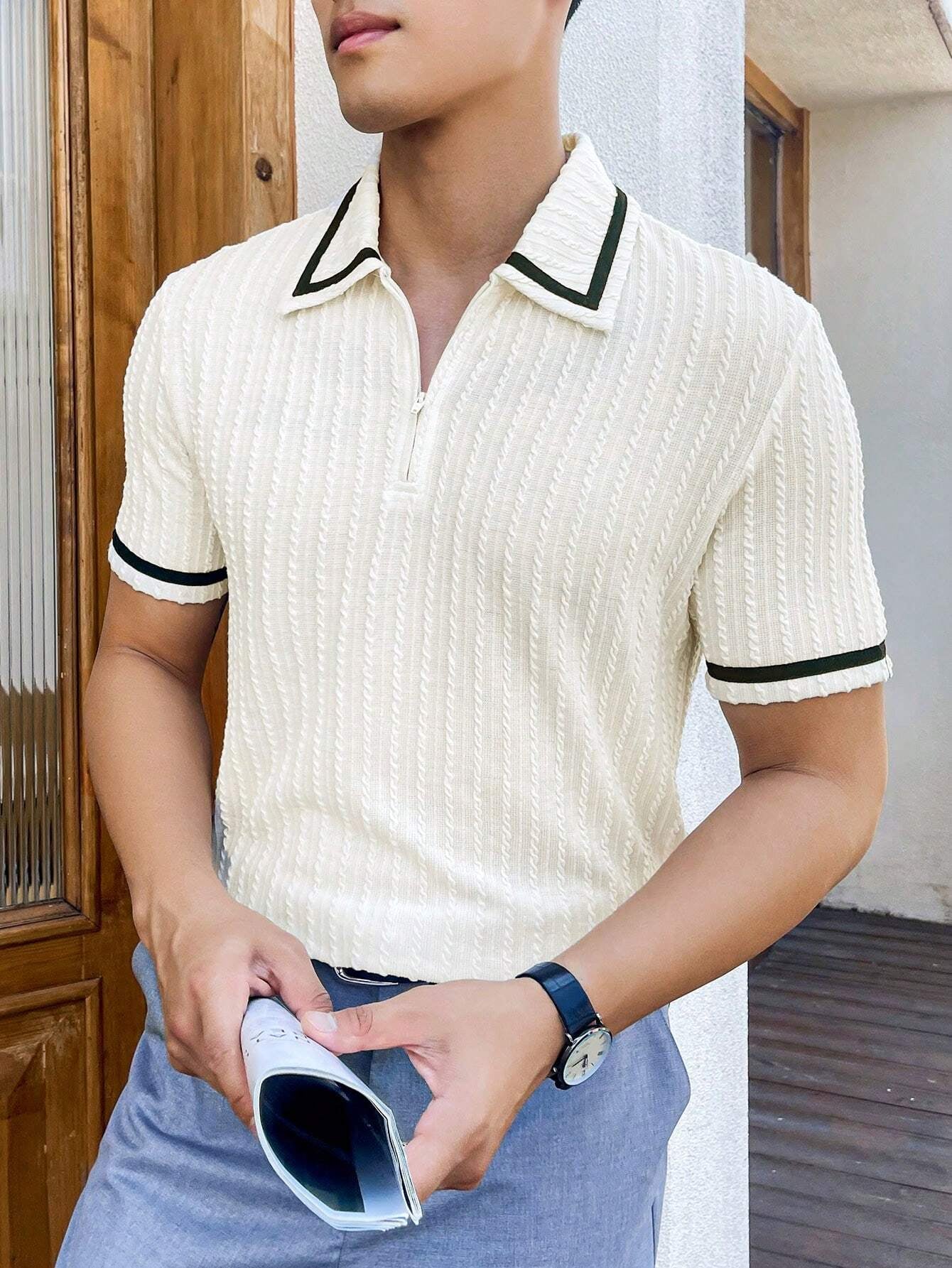 Manfinity Homme Men Color Block Polo Shirt White Korean Fashion Polo Shirt