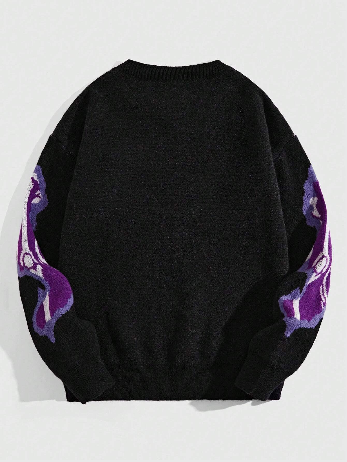 ROMWE MEN Grunge Punk Men Cross & Skeleton Pattern Pullover Sweater for Halloween, School