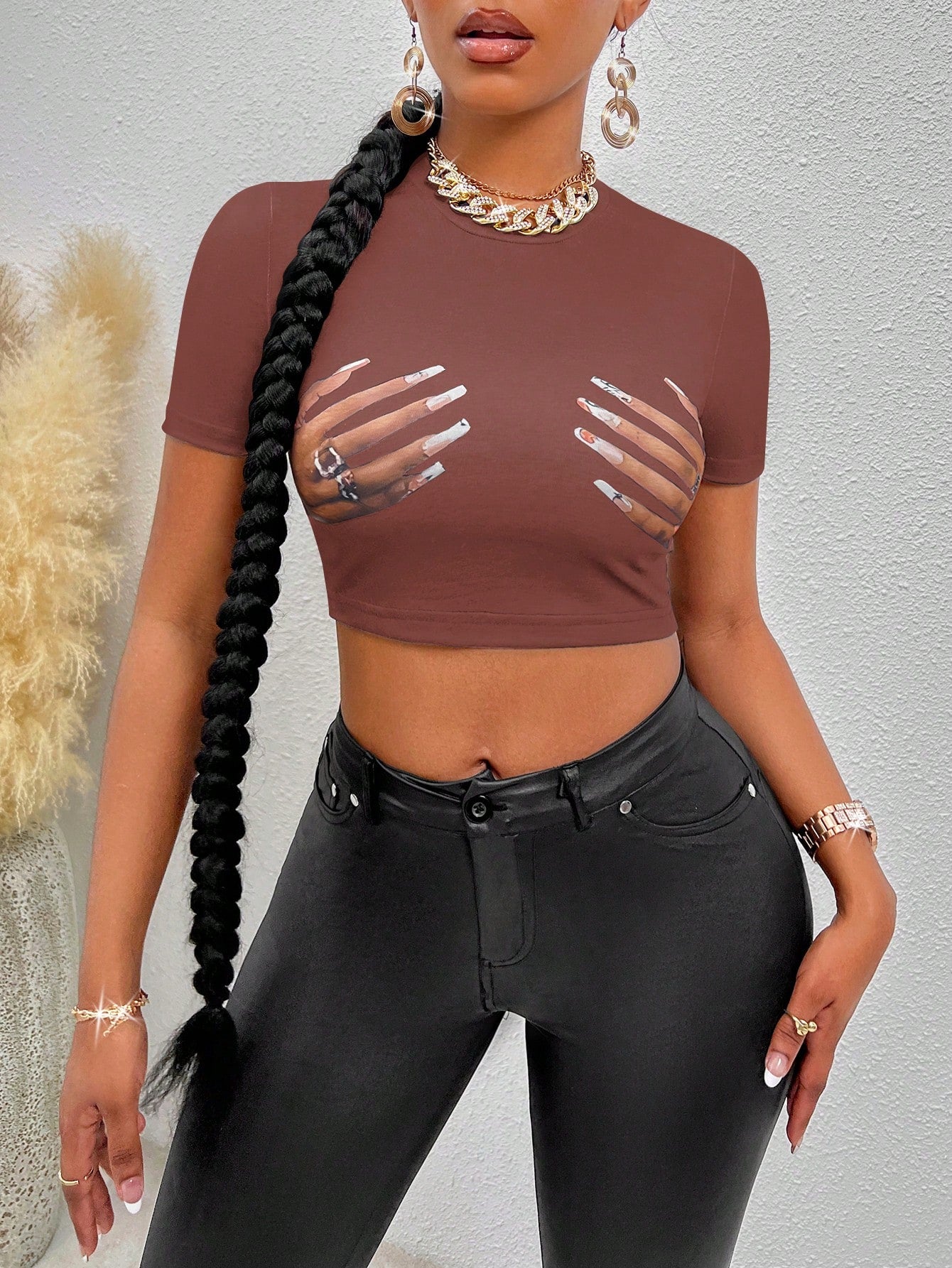 Flirla Hand Print Crop Tee Graphic Tees Women Tops