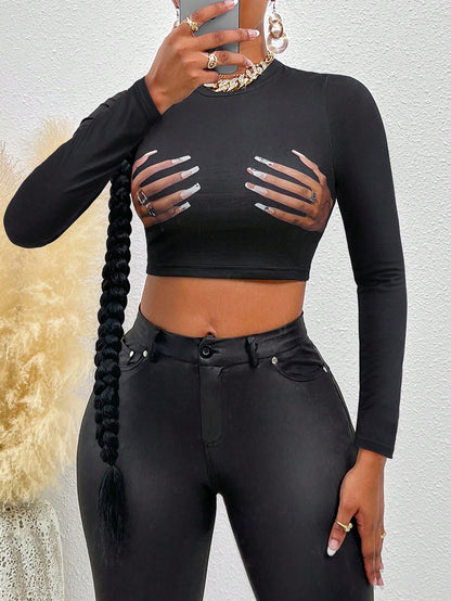 Flirla Hand Print Crop Tee Graphic Tees Women Tops