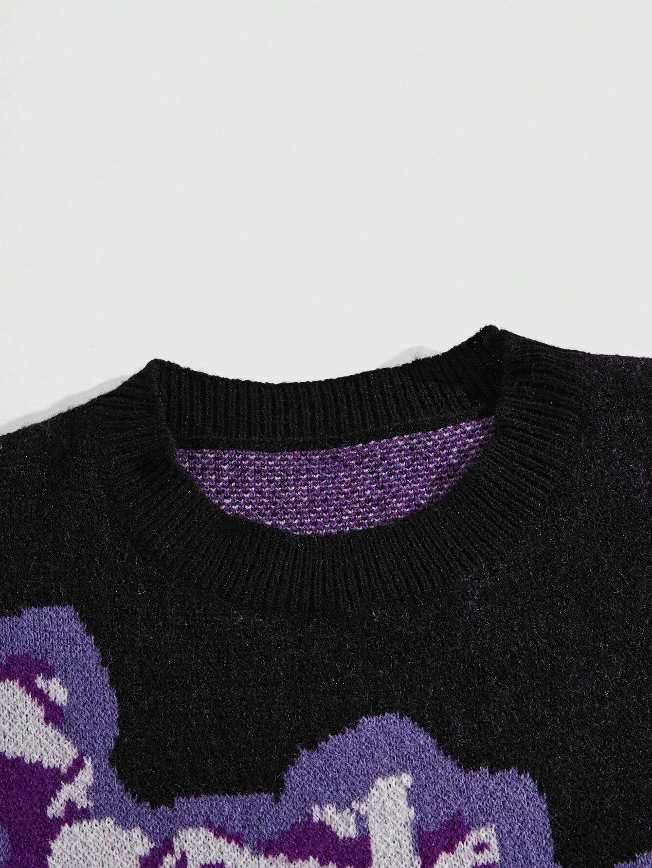 ROMWE MEN Grunge Punk Men Cross & Skeleton Pattern Pullover Sweater for Halloween, School