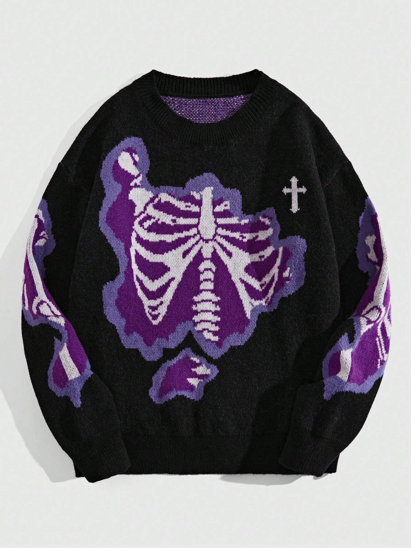 ROMWE MEN Grunge Punk Men Cross & Skeleton Pattern Pullover Sweater for Halloween, School